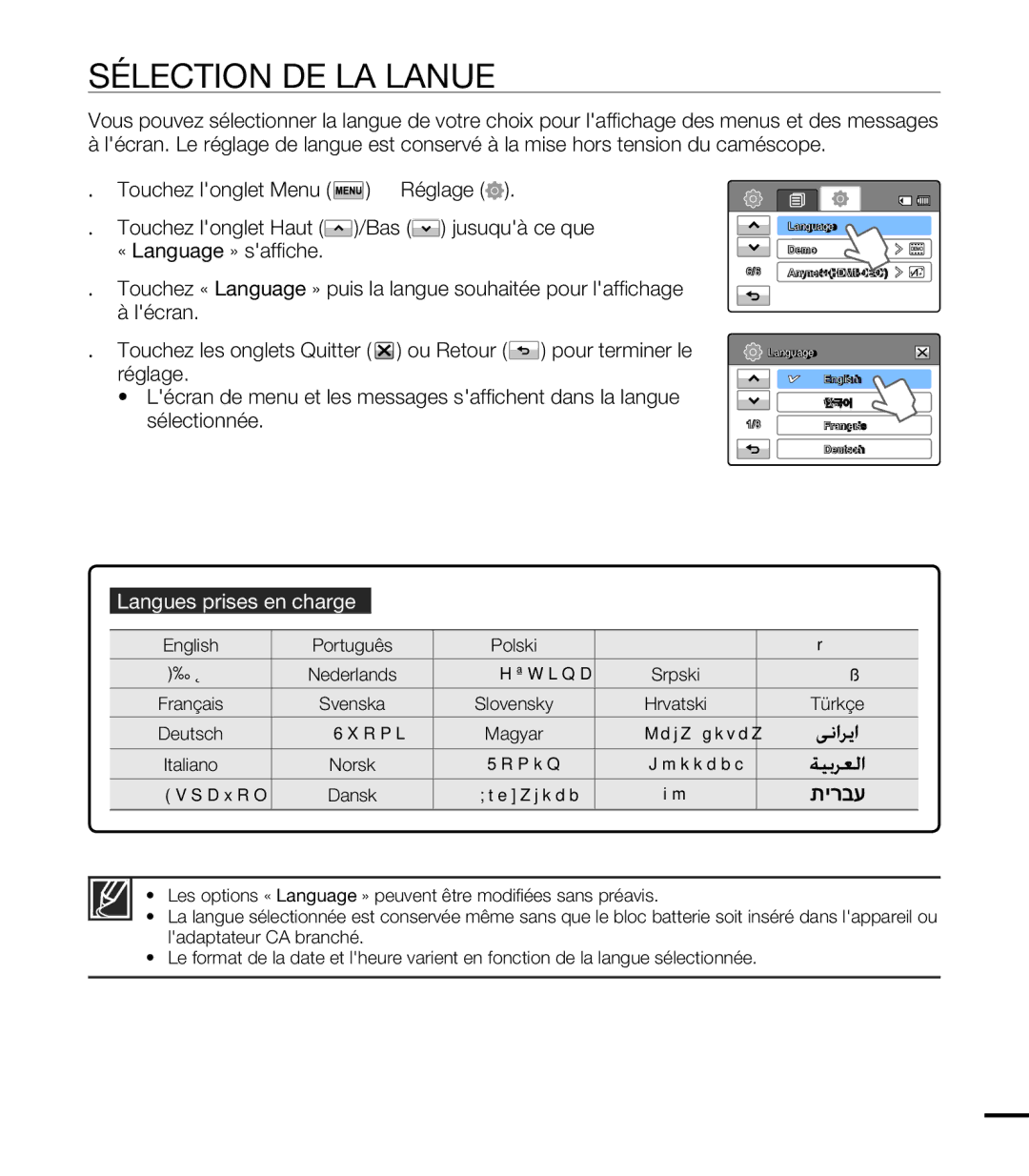 Samsung HMX-T10OP/EDC, HMX-T10WP/EDC, HMX-T10WP/XEU, HMX-T10BP/EDC manual Sélection DE LA Langue, Langues prises en charge 