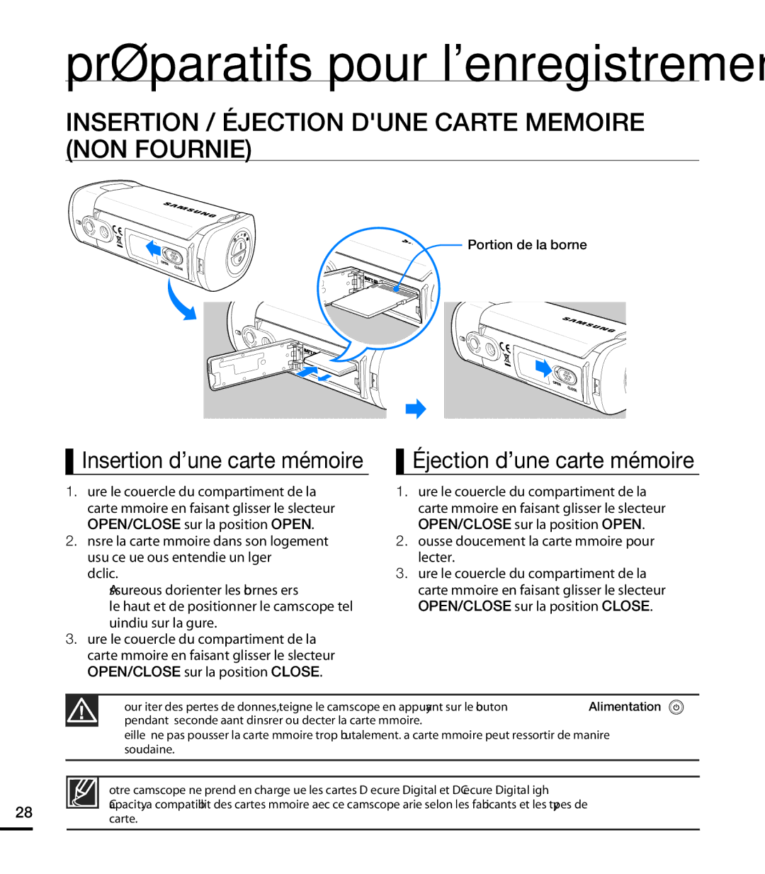 Samsung HMX-T10WP/XEU, HMX-T10WP/EDC, HMX-T10OP/EDC, HMX-T10BP/EDC manual Insertion / Éjection Dune Carte Memoire NON Fournie 