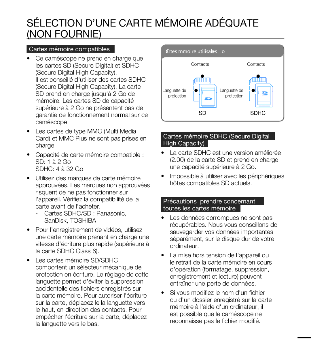 Samsung HMX-T10BP/EDC, HMX-T10WP/EDC manual Sélection D’UNE Carte Mémoire Adéquate NON Fournie, Cartes mémoire compatibles 