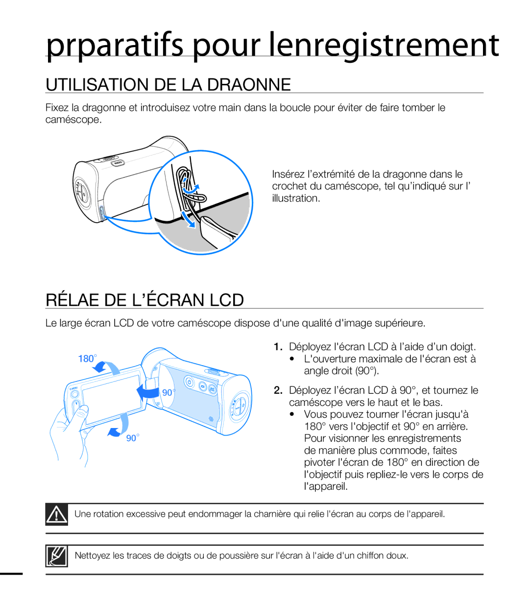 Samsung HMX-T10WP/XEU, HMX-T10WP/EDC, HMX-T10OP/EDC manual Utilisation DE LA Dragonne, Réglage DE L’ÉCRAN LCD, Illustration 