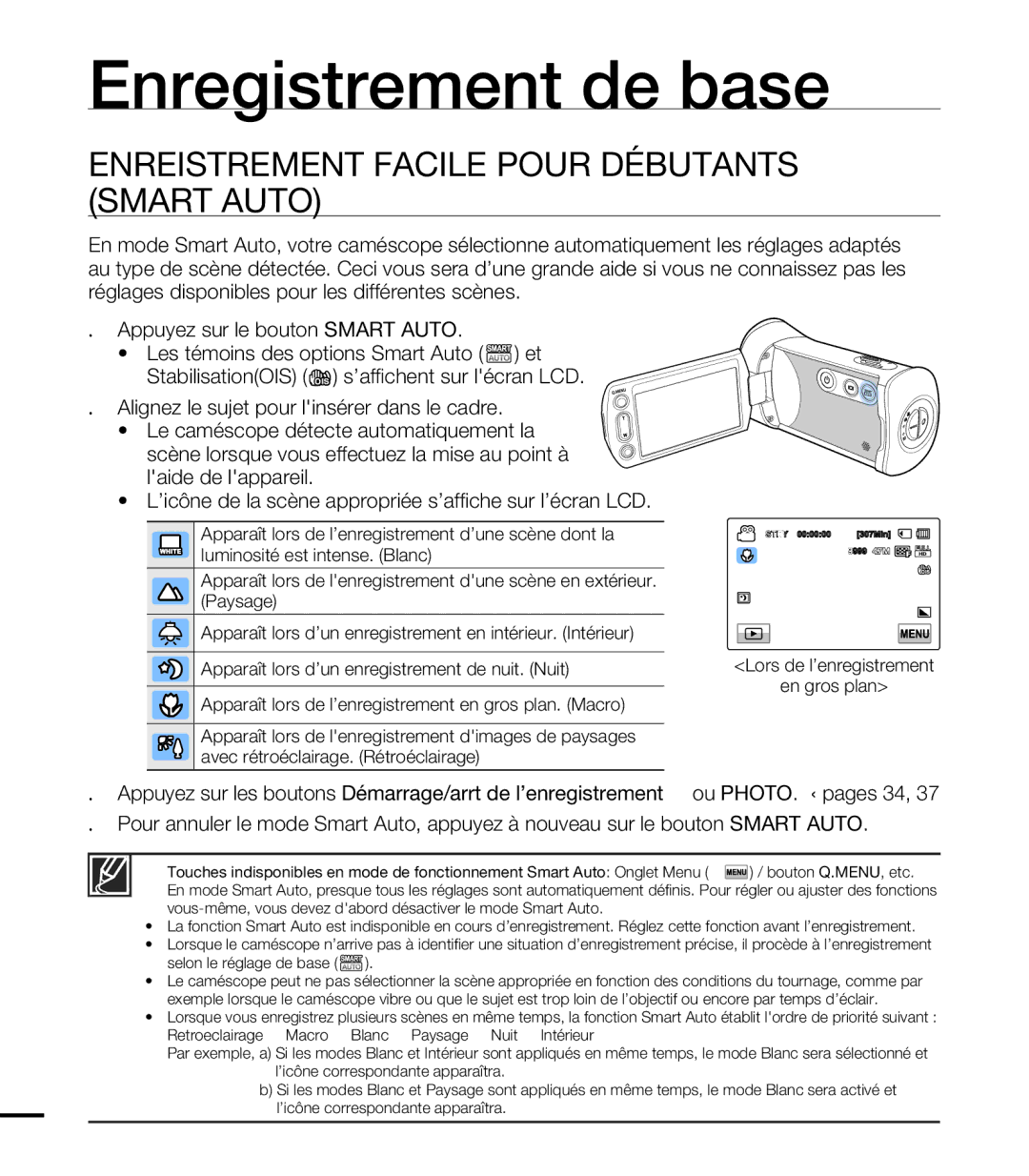 Samsung HMX-T10WP/EDC, HMX-T10OP/EDC, HMX-T10WP/XEU, HMX-T10BP/EDC manual Enregistrement Facile Pour Débutants Smart Auto 