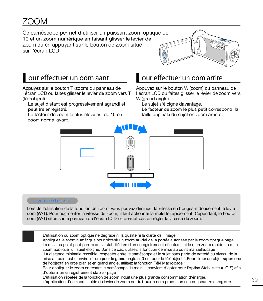 Samsung HMX-T10OP/EDC, HMX-T10WP/EDC Zoom, Pour effectuer un zoom avant Pour effectuer un zoom arrière, Vitesse de zoom 