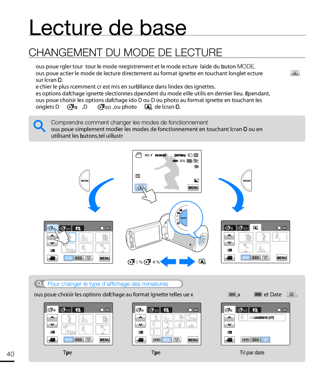 Samsung HMX-T10WP/XEU manual Lecture de base, Changement DU Mode DE Lecture, Pour changer le type daffichage des miniatures 