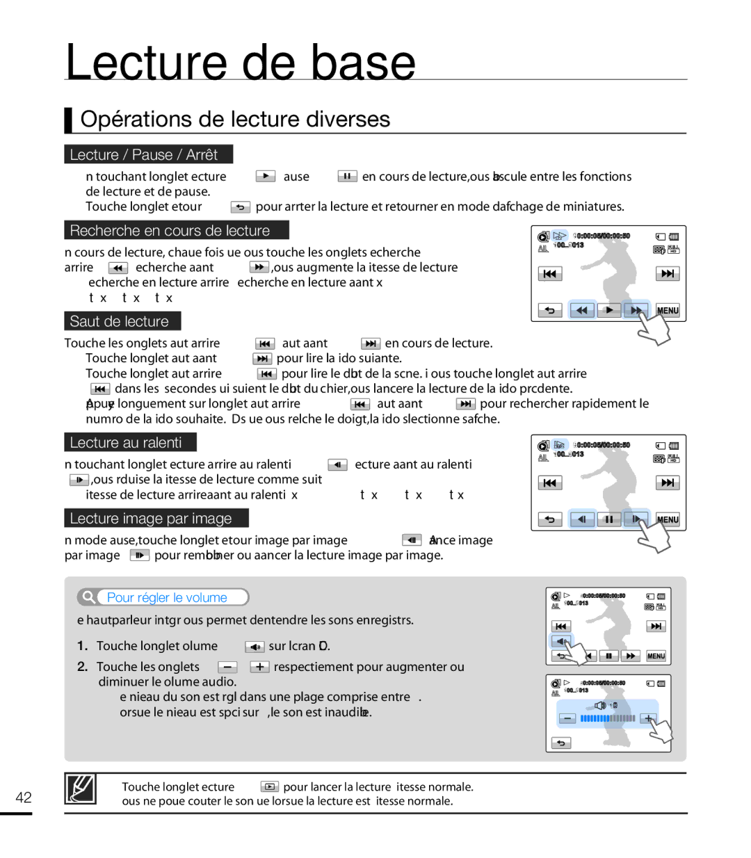 Samsung HMX-T10WP/EDC, HMX-T10OP/EDC, HMX-T10WP/XEU, HMX-T10BP/EDC manual Opérations de lecture diverses 