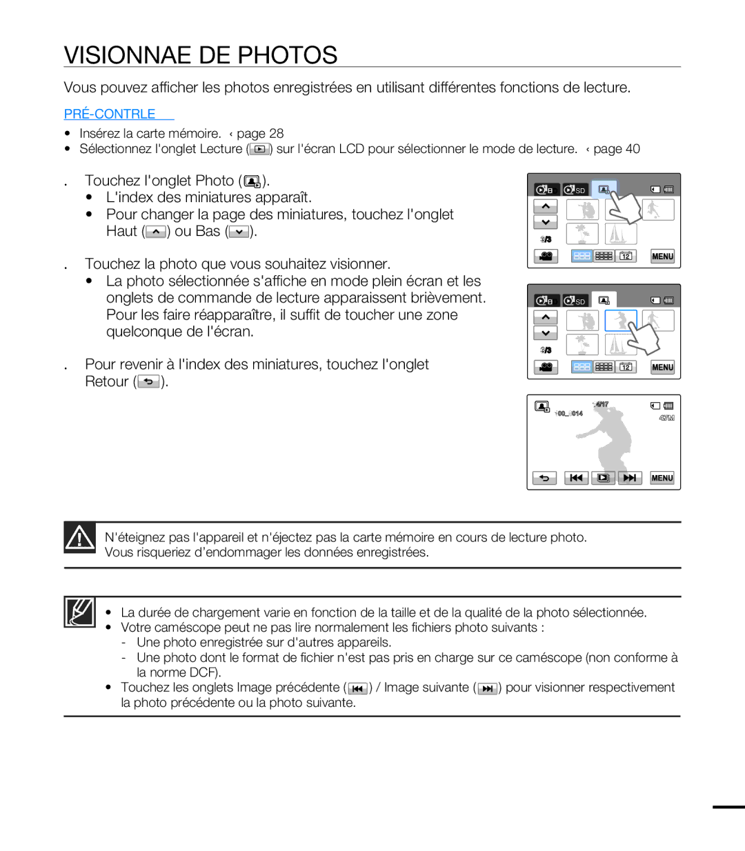 Samsung HMX-T10OP/EDC, HMX-T10WP/EDC, HMX-T10WP/XEU, HMX-T10BP/EDC manual Visionnage DE Photos 