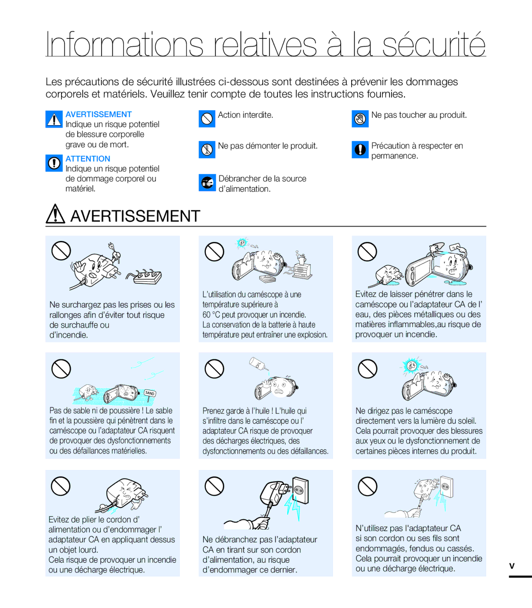 Samsung HMX-T10OP/EDC, HMX-T10WP/EDC, HMX-T10WP/XEU, HMX-T10BP/EDC manual Informations relatives à la sécurité 