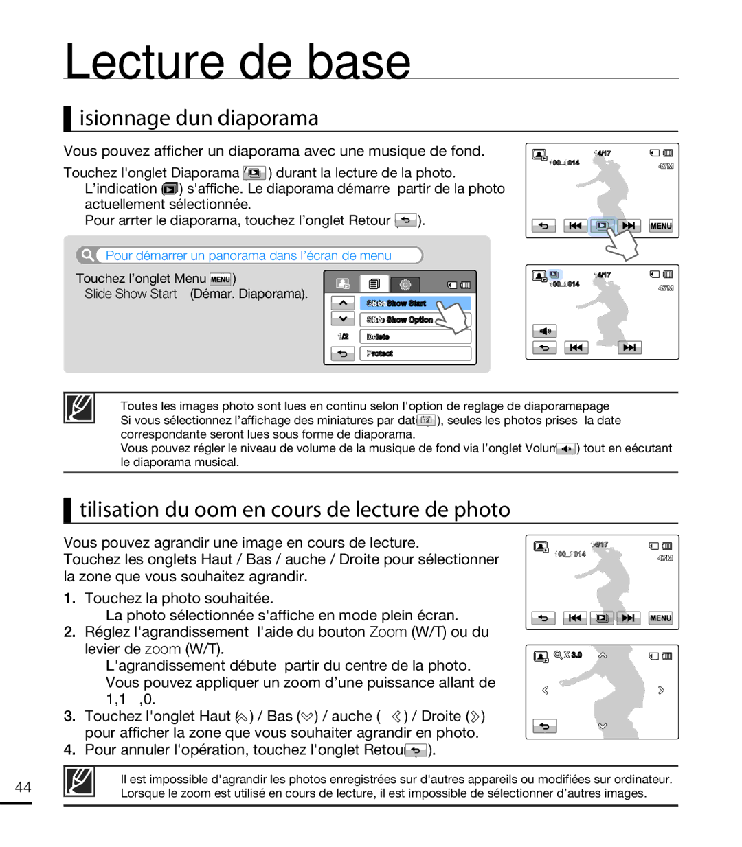 Samsung HMX-T10WP/XEU, HMX-T10WP/EDC manual Visionnage d’un diaporama, Utilisation du zoom en cours de lecture de photo 