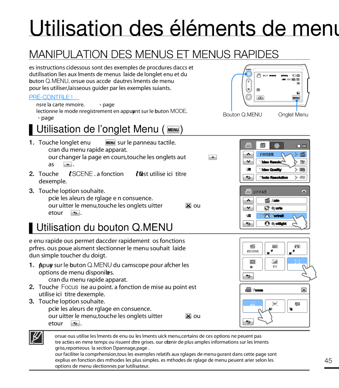 Samsung HMX-T10BP/EDC Manipulation DES Menus ET Menus Rapides, Utilisation de longlet Menu, Utilisation du bouton Q.MENU 