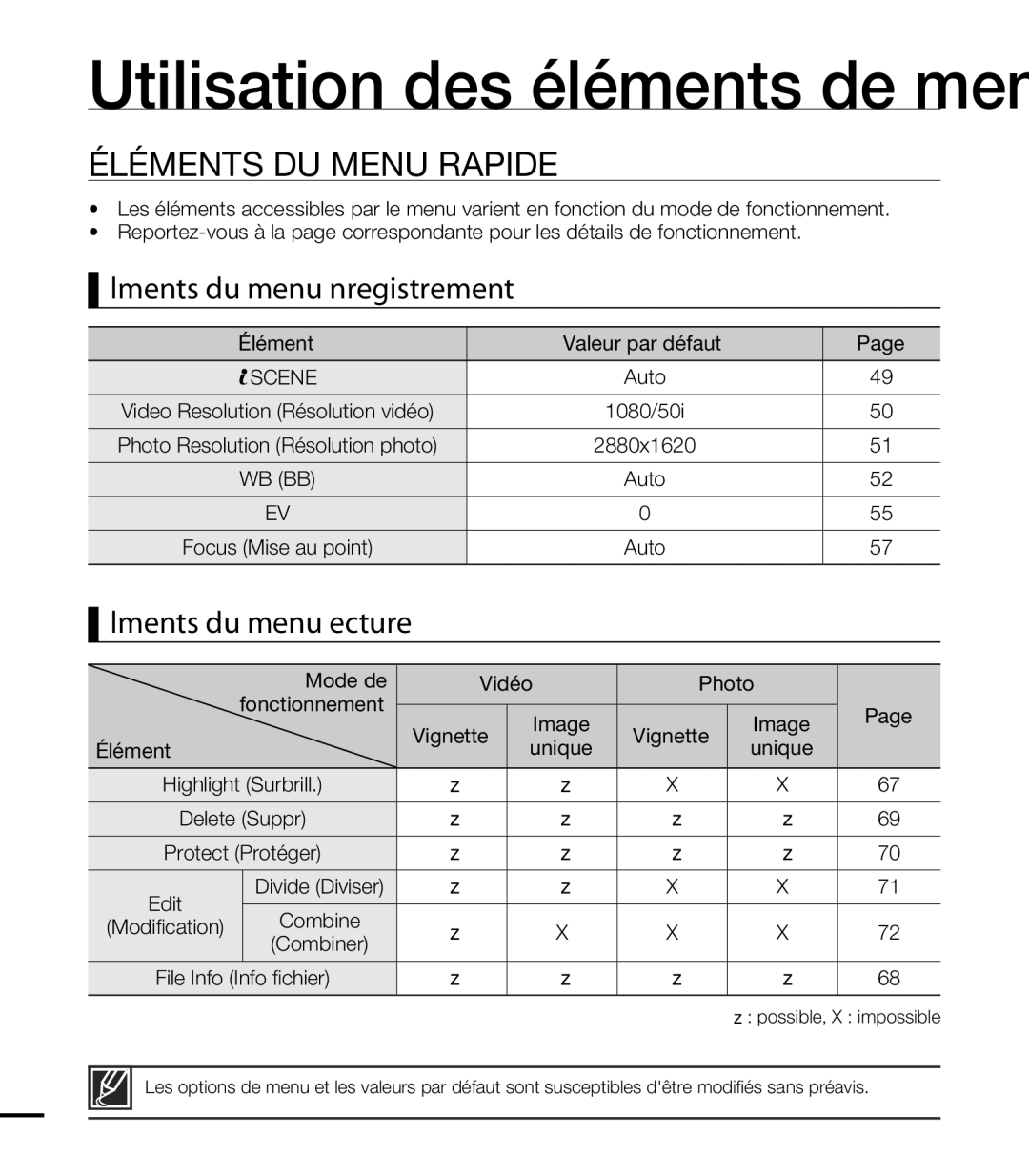 Samsung HMX-T10WP/XEU, HMX-T10WP/EDC, HMX-T10OP/EDC, HMX-T10BP/EDC manual Éléments DU Menu Rapide 