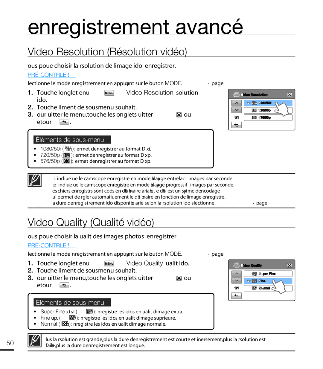 Samsung HMX-T10WP/EDC, HMX-T10OP/EDC, HMX-T10WP/XEU manual Video Resolution Résolution vidéo, Video Quality Qualité vidéo 