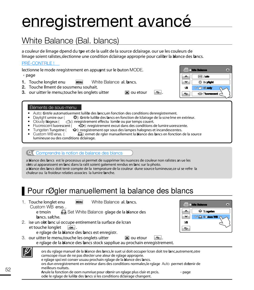 Samsung HMX-T10WP/XEU, HMX-T10WP/EDC manual White Balance Bal. blancs, Pour régler manuellement la balance des blancs 