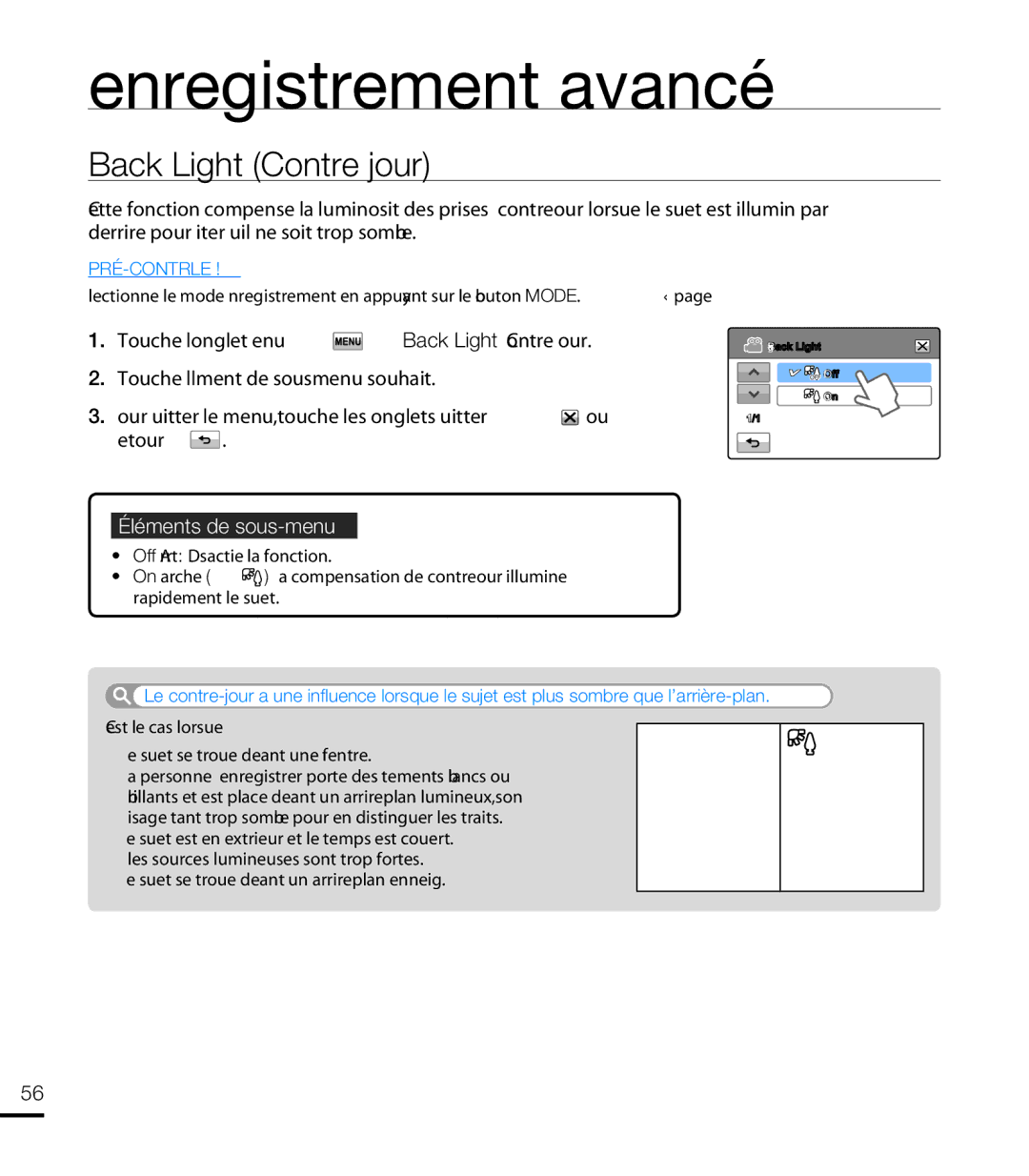 Samsung HMX-T10WP/XEU, HMX-T10WP/EDC manual Back Light Contre jour, Touchez longlet Menu  « Back Light » Contre jour 