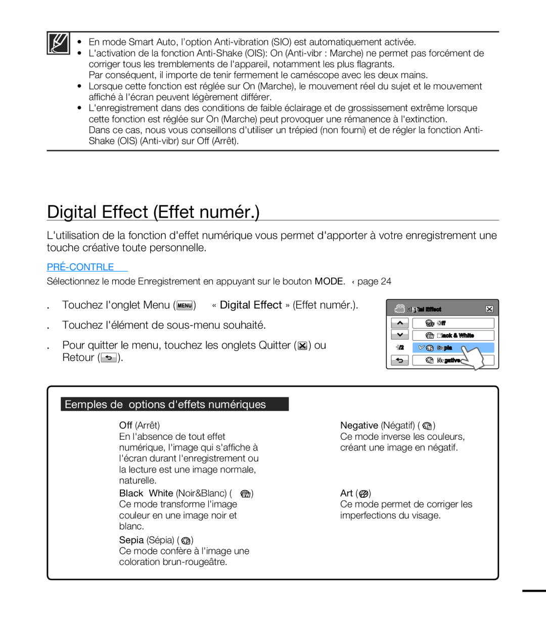 Samsung HMX-T10OP/EDC, HMX-T10WP/EDC Digital Effect Effet numér, Touchez longlet Menu  « Digital Effect » Effet numér 