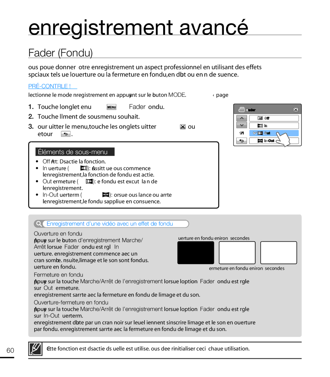 Samsung HMX-T10WP/XEU, HMX-T10WP/EDC, HMX-T10OP/EDC, HMX-T10BP/EDC manual Fader Fondu, Touchez longlet Menu  « Fader » Fondu 