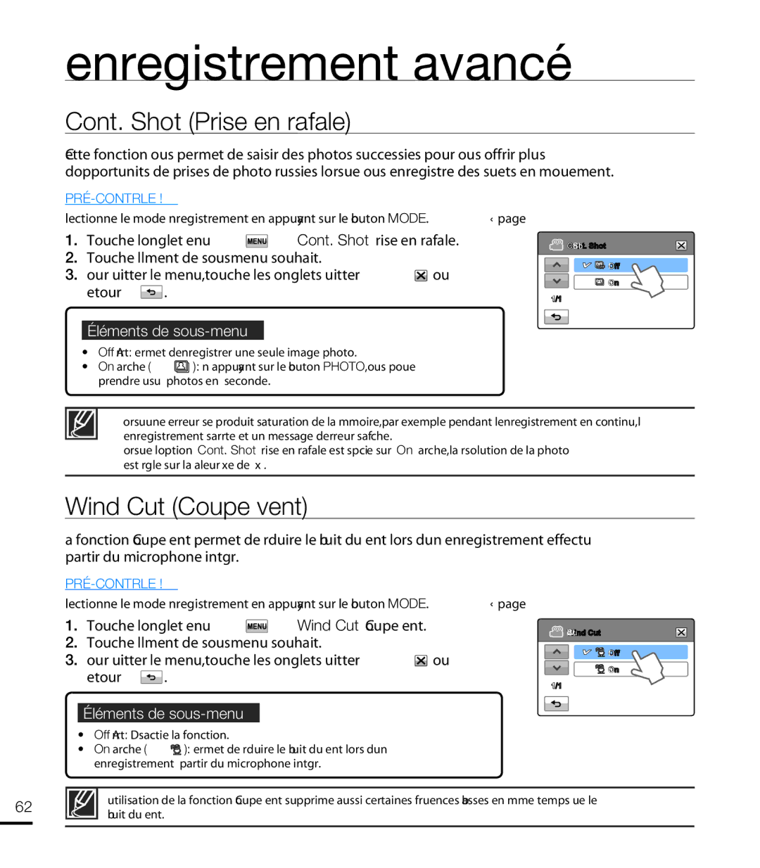 Samsung HMX-T10WP/EDC, HMX-T10OP/EDC, HMX-T10WP/XEU, HMX-T10BP/EDC manual Cont. Shot Prise en rafale, Wind Cut Coupe vent 