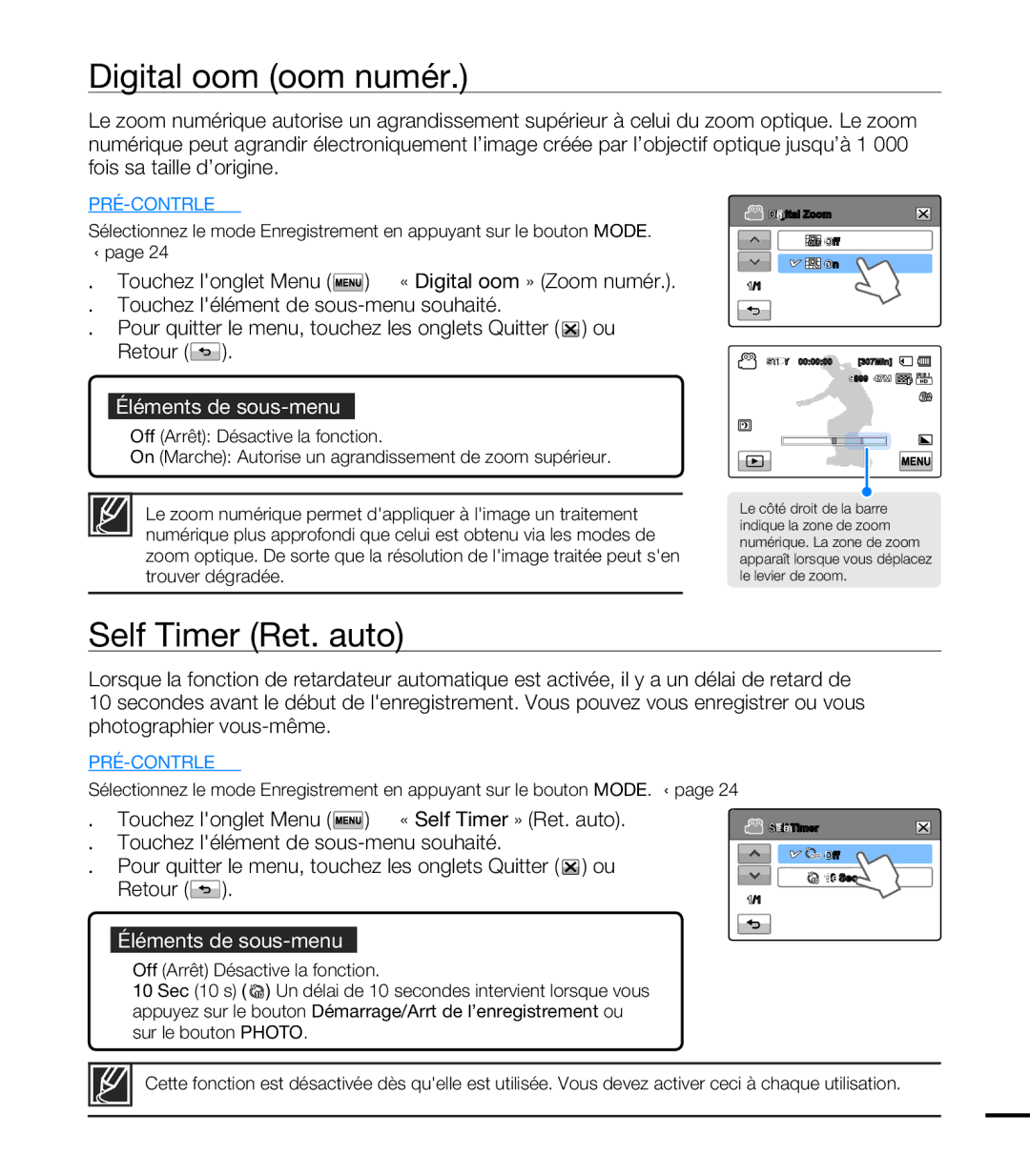 Samsung HMX-T10OP/EDC, HMX-T10WP/EDC, HMX-T10WP/XEU, HMX-T10BP/EDC manual Digital Zoom Zoom numér, Self Timer Ret. auto 