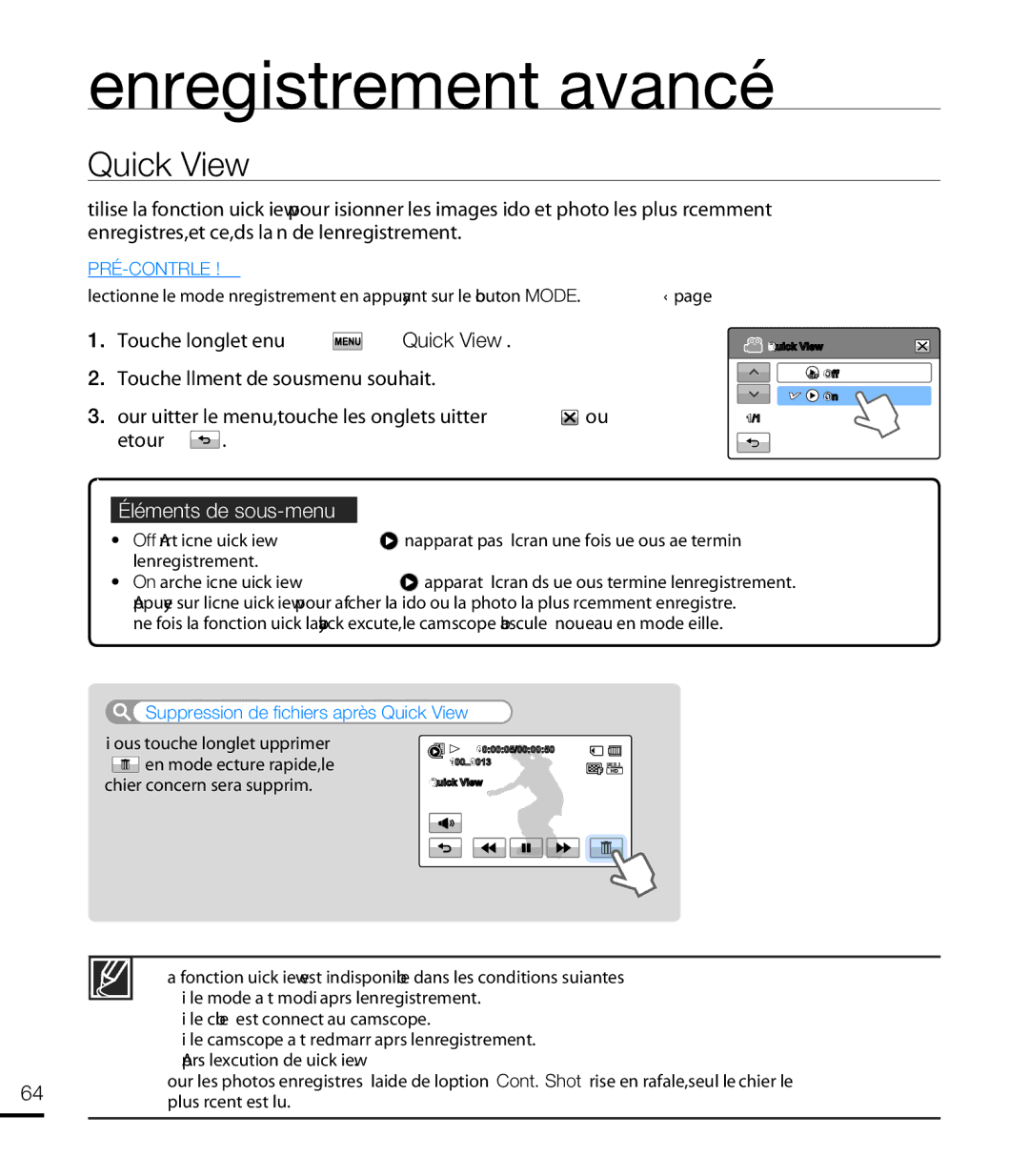 Samsung HMX-T10WP/XEU, HMX-T10WP/EDC Touchez longlet Menu  « Quick View », Suppression de fichiers après Quick View 