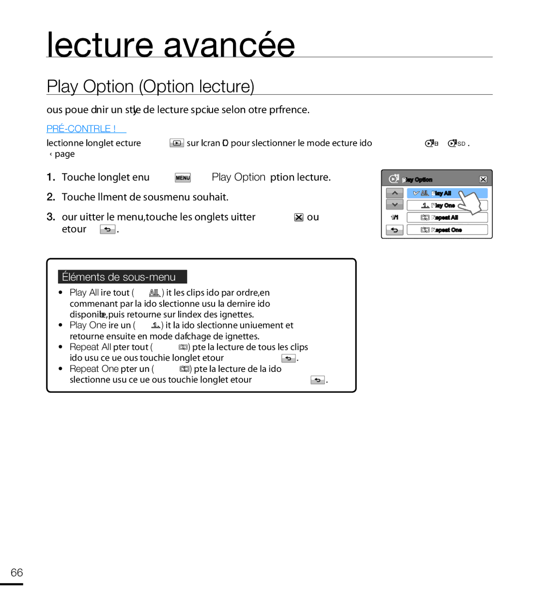 Samsung HMX-T10WP/EDC, HMX-T10OP/EDC, HMX-T10WP/XEU, HMX-T10BP/EDC manual Lecture avancée, Play Option Option lecture 