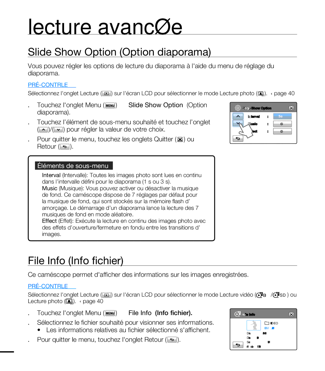 Samsung HMX-T10WP/XEU, HMX-T10WP/EDC, HMX-T10OP/EDC manual Slide Show Option Option diaporama, File Info Info fichier 