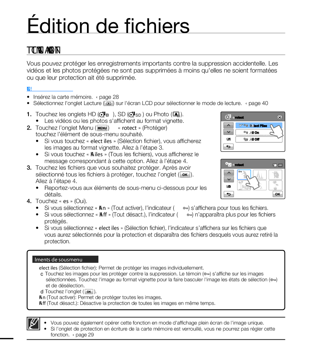 Samsung HMX-T10WP/EDC, HMX-T10OP/EDC, HMX-T10WP/XEU, HMX-T10BP/EDC manual Protection Contre LA Suppression Accidentelle 