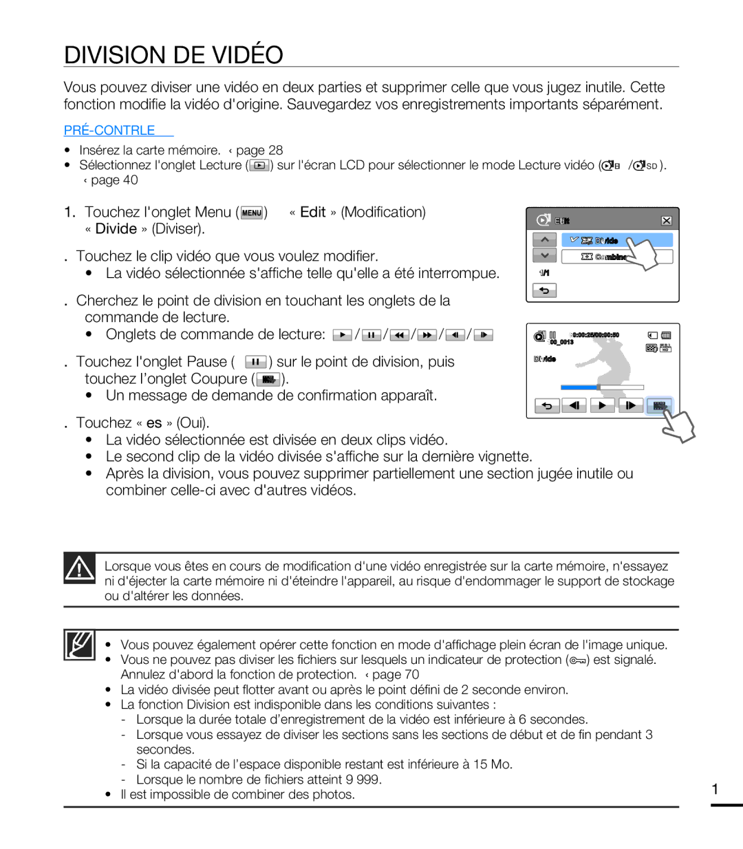 Samsung HMX-T10OP/EDC, HMX-T10WP/EDC, HMX-T10WP/XEU, HMX-T10BP/EDC manual Division DE Vidéo 