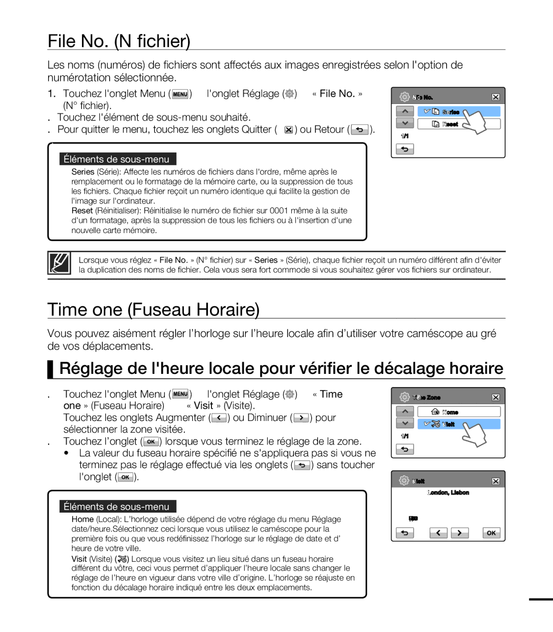 Samsung HMX-T10OP/EDC, HMX-T10WP/EDC, HMX-T10WP/XEU, HMX-T10BP/EDC manual File No. N fichier, Time Zone Fuseau Horaire 