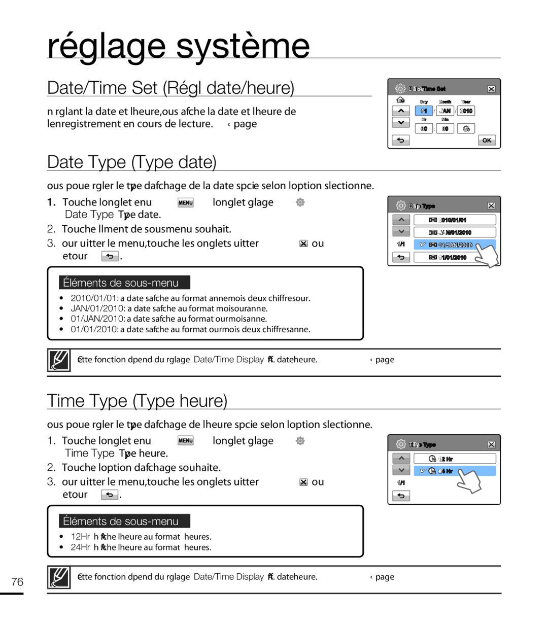 Samsung HMX-T10WP/XEU, HMX-T10WP/EDC manual Date/Time Set Régl date/heure, Date Type Type date, Time Type Type heure 