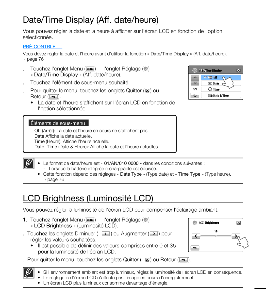 Samsung HMX-T10BP/EDC, HMX-T10WP/EDC, HMX-T10OP/EDC manual Date/Time Display Aff. date/heure, LCD Brightness Luminosité LCD 