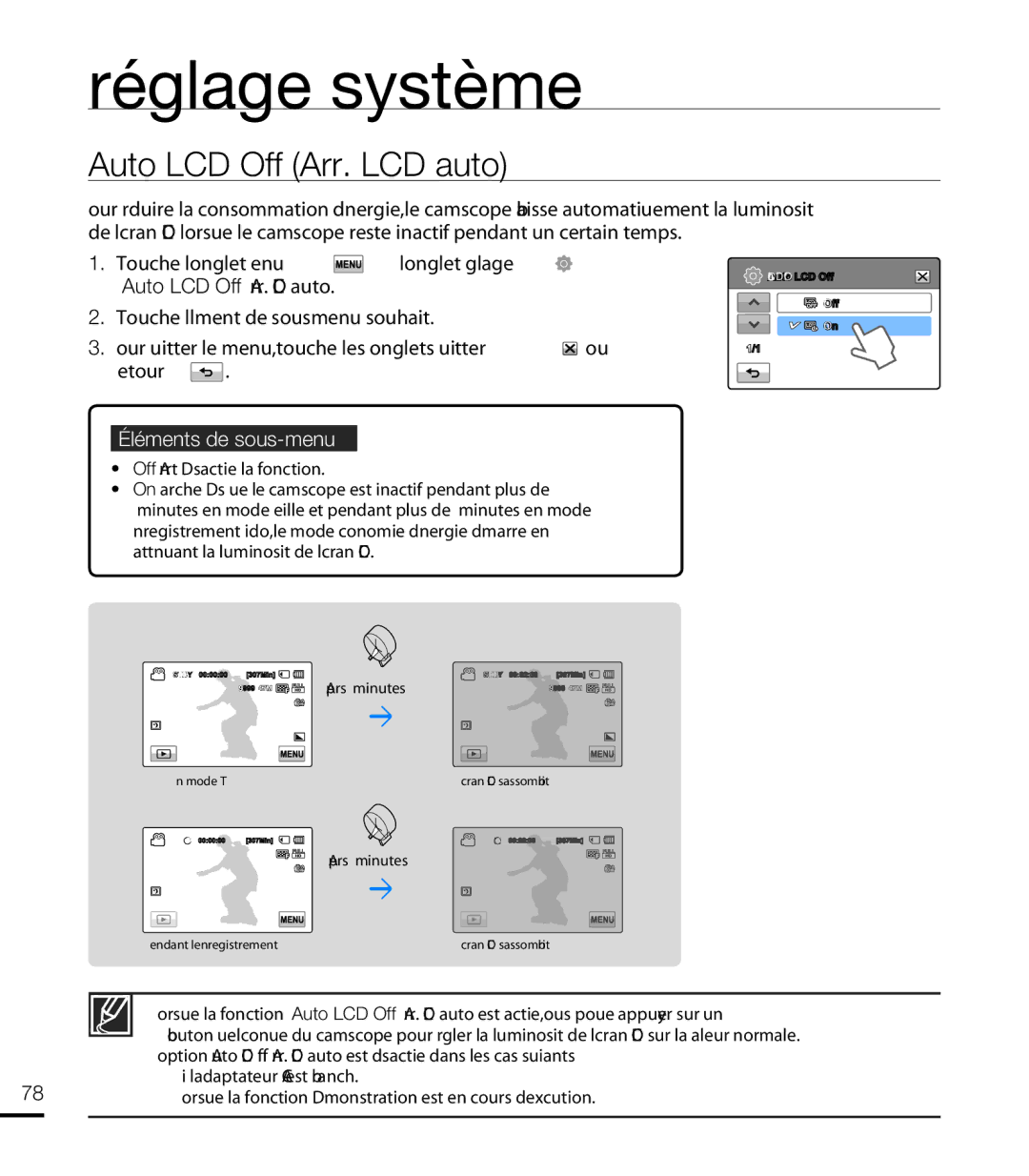 Samsung HMX-T10WP/EDC, HMX-T10OP/EDC, HMX-T10WP/XEU, HMX-T10BP/EDC manual Auto LCD Off Arr. LCD auto, Après 2 minutes 