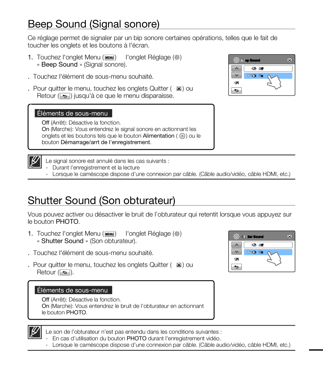 Samsung HMX-T10OP/EDC, HMX-T10WP/EDC, HMX-T10WP/XEU, HMX-T10BP/EDC Beep Sound Signal sonore, Shutter Sound Son obturateur 