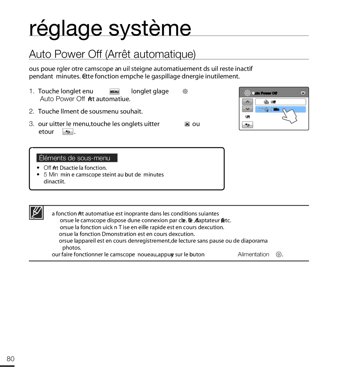 Samsung HMX-T10WP/XEU, HMX-T10WP/EDC, HMX-T10OP/EDC, HMX-T10BP/EDC manual Auto Power Off Arrêt automatique 