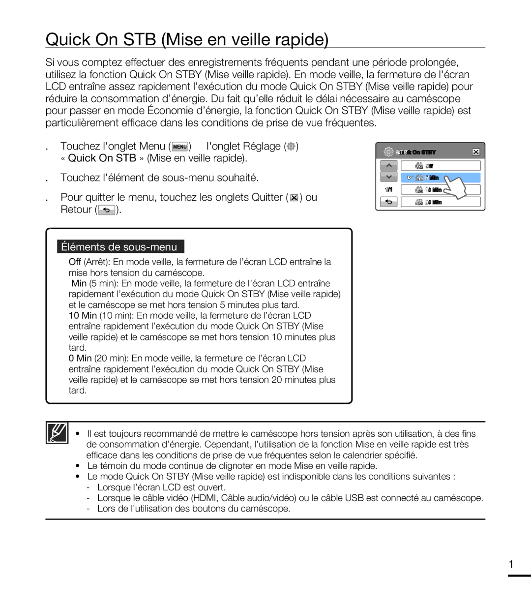 Samsung HMX-T10BP/EDC, HMX-T10WP/EDC, HMX-T10OP/EDC, HMX-T10WP/XEU manual Quick On Stby Mise en veille rapide 