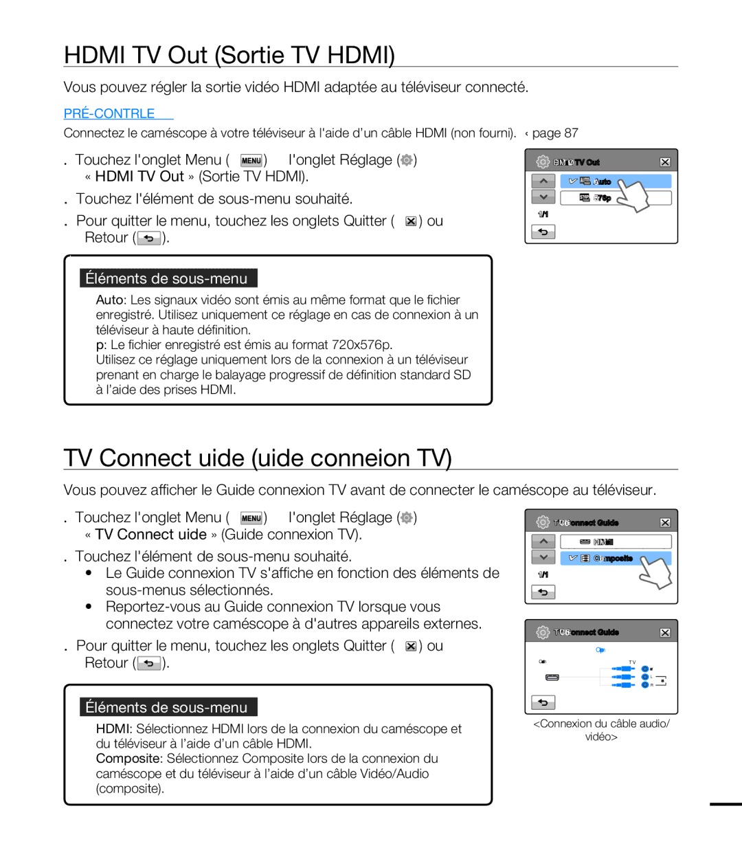 Samsung HMX-T10OP/EDC, HMX-T10WP/EDC, HMX-T10WP/XEU manual Hdmi TV Out Sortie TV Hdmi, TV Connect Guide Guide connexion TV 