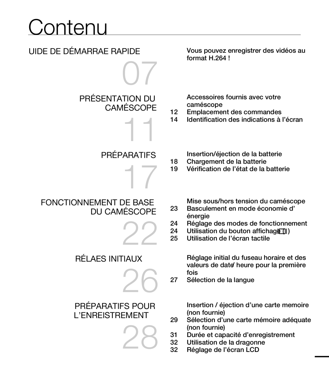 Samsung HMX-T10OP/EDC, HMX-T10WP/EDC, HMX-T10WP/XEU manual Contenu, Vous pouvez enregistrer des vidéos au format H.264 