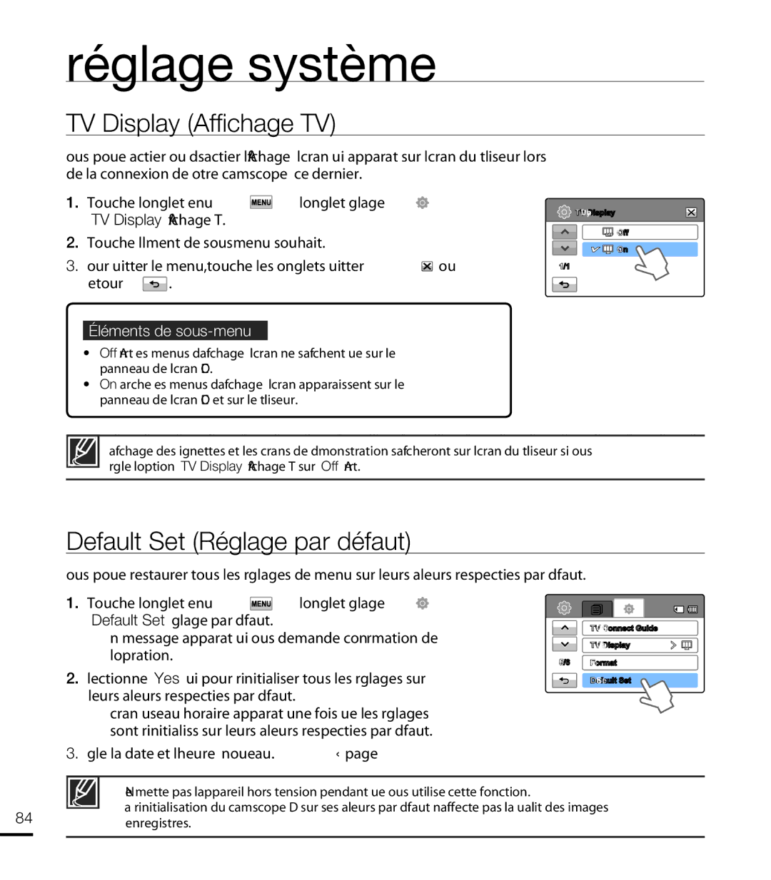 Samsung HMX-T10WP/XEU, HMX-T10WP/EDC, HMX-T10OP/EDC, HMX-T10BP/EDC TV Display Affichage TV, Default Set Réglage par défaut 