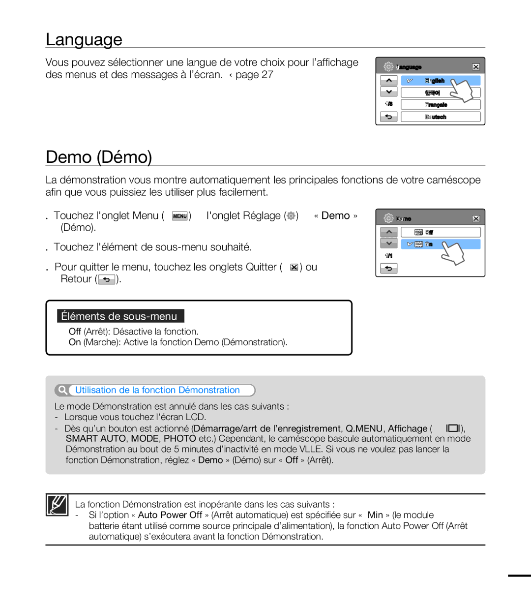 Samsung HMX-T10BP/EDC, HMX-T10WP/EDC, HMX-T10OP/EDC manual Language, Demo Démo, Utilisation de la fonction Démonstration 