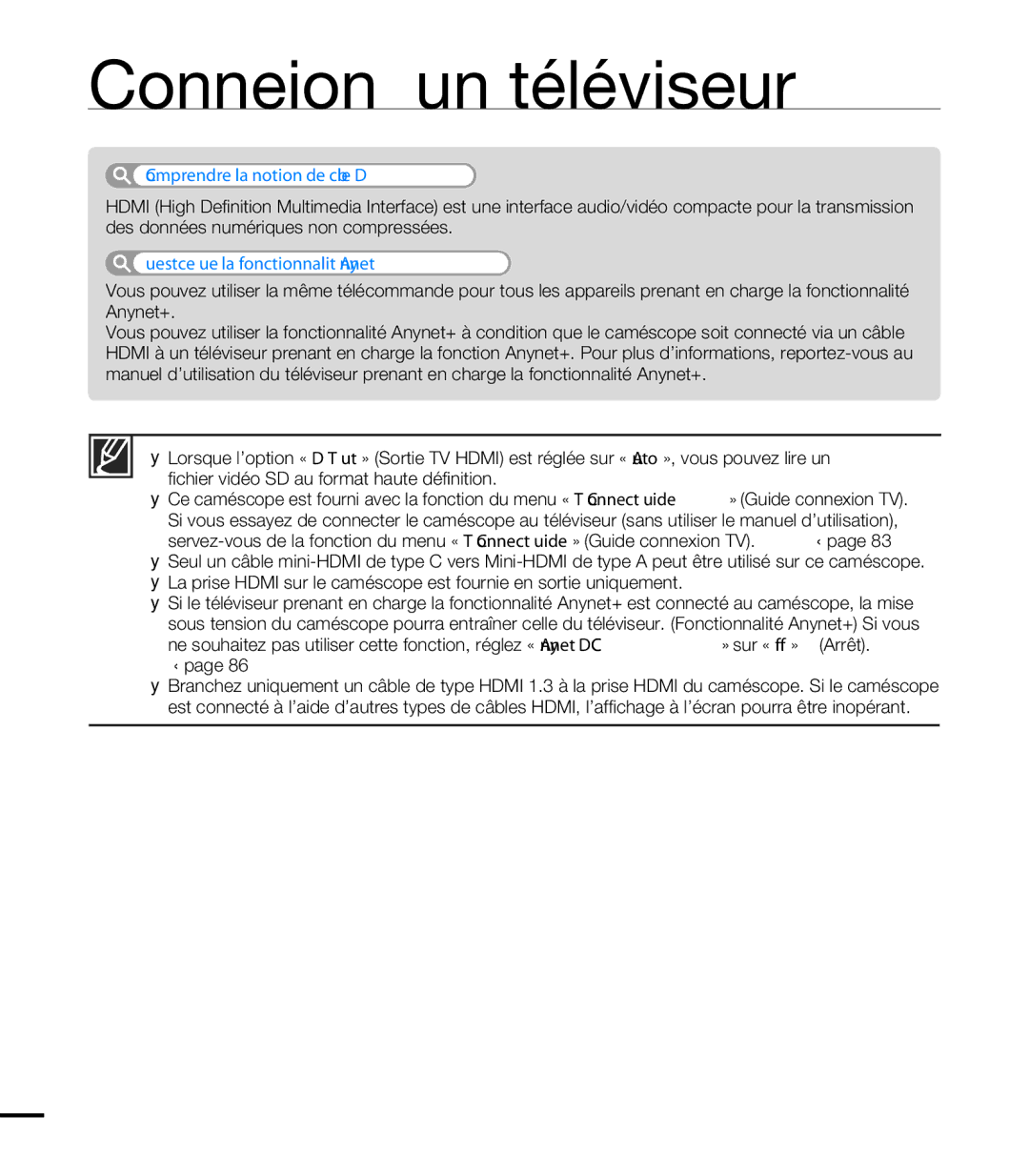 Samsung HMX-T10WP/XEU, HMX-T10WP/EDC manual Comprendre la notion de câble Hdmi, Qu’est-ce que la fonctionnalité Anynet+ ? 