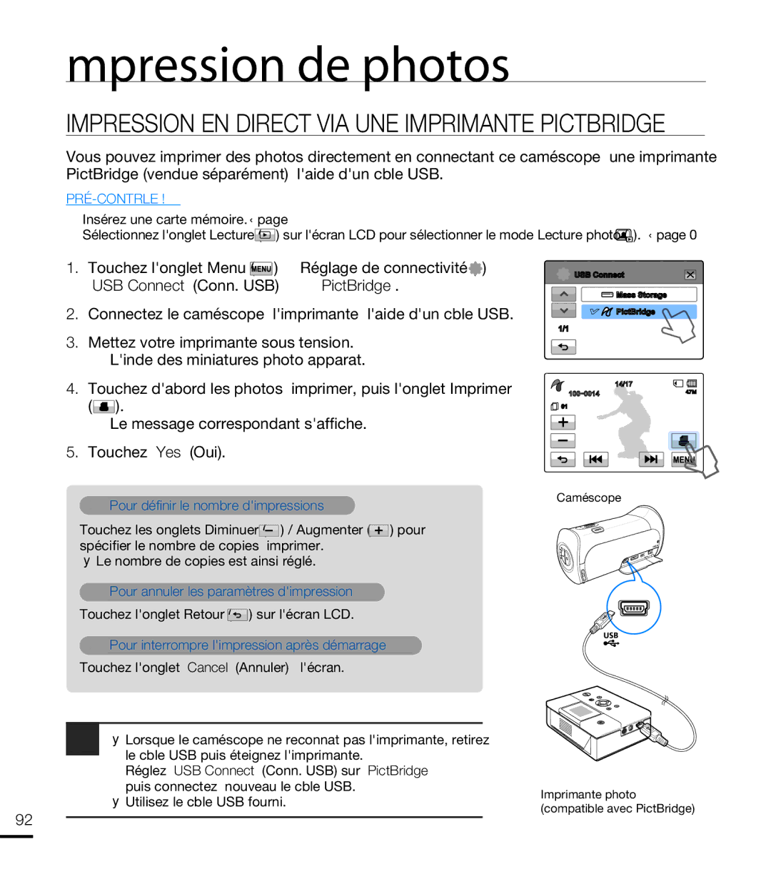 Samsung HMX-T10WP/XEU, HMX-T10WP/EDC manual Impression de photos, Impression EN Direct VIA UNE Imprimante Pictbridge 