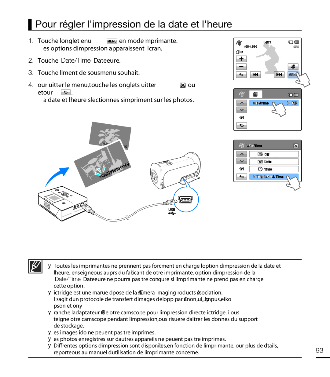 Samsung HMX-T10BP/EDC, HMX-T10WP/EDC, HMX-T10OP/EDC, HMX-T10WP/XEU manual Pour régler limpression de la date et lheure 