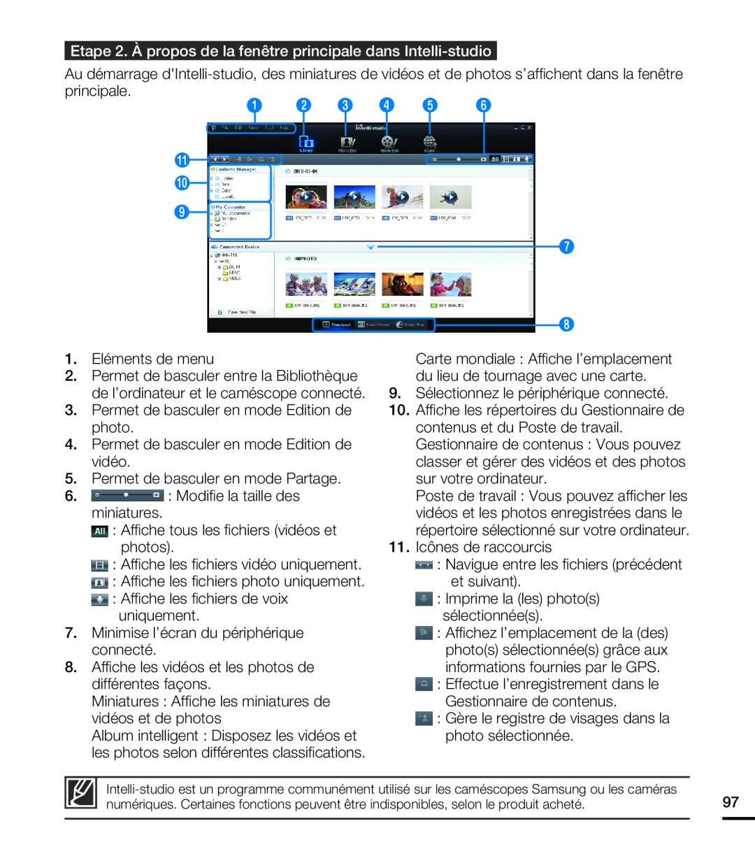 Samsung HMX-T10BP/EDC manual Etape 2. À propos de la fenêtre principale dans Intelli-studio, 1 2 3 4 5, 1. Eléments de menu 