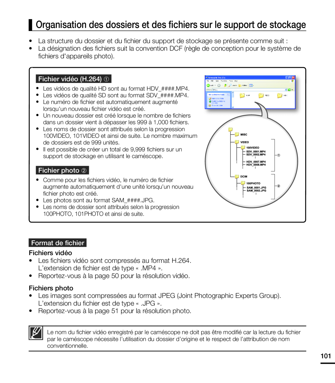 Samsung HMX-T10BP/EDC manual Organisation des dossiers et des ﬁchiers sur le support de stockage, Fichier vidéo H.264 ➀ 