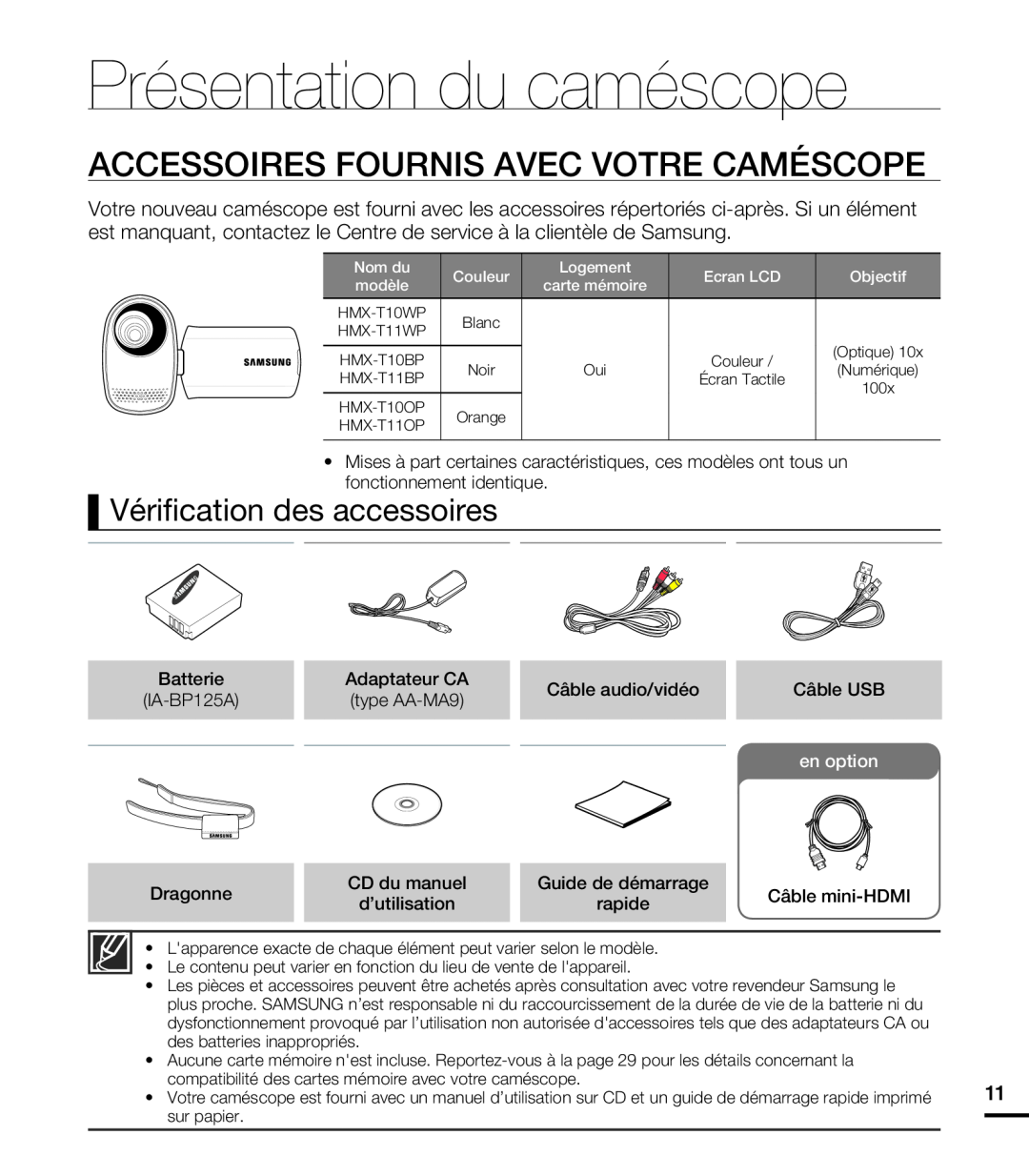 Samsung HMX-T10OP/EDC Présentation du caméscope, Accessoires Fournis Avec Votre Caméscope, Vérifi cation des accessoires 