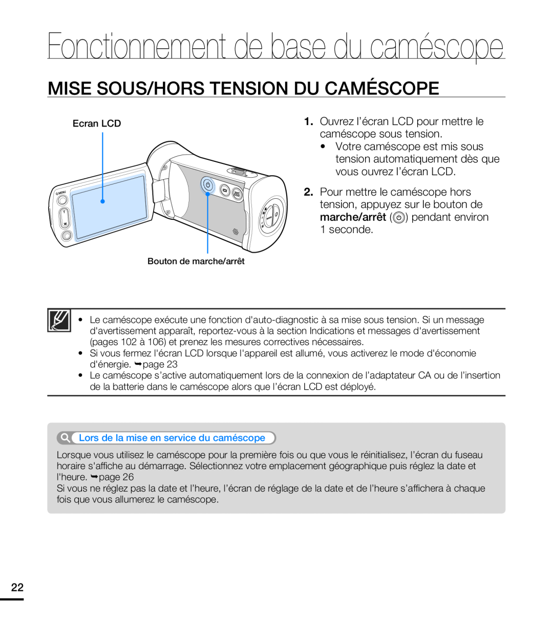Samsung HMX-T10WP/EDC, HMX-T10OP/EDC manual Fonctionnement de base du caméscope, Mise Sous/Hors Tension Du Caméscope 