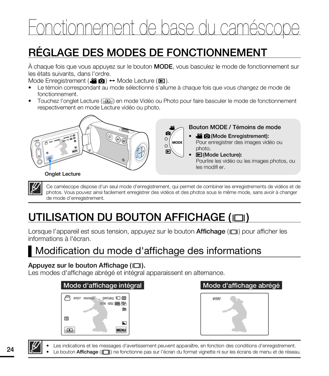 Samsung HMX-T10WP/XEU manual Réglage Des Modes De Fonctionnement, Utilisation Du Bouton Affichage, Mode daffichage intégral 