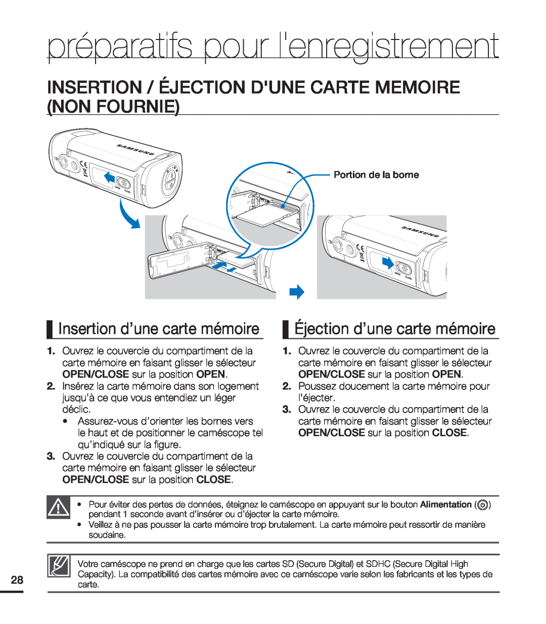Samsung HMX-T10WP/XEU, HMX-T10WP/EDC préparatifs pour lenregistrement, Insertion / Éjection Dune Carte Memoire Non Fournie 