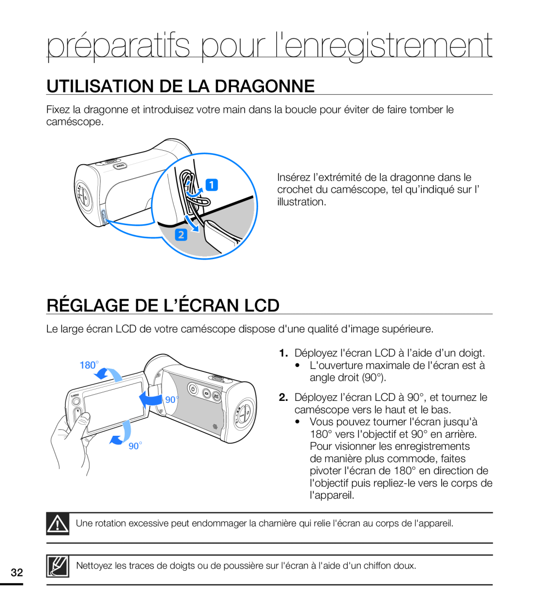 Samsung HMX-T10WP/XEU, HMX-T10WP/EDC Utilisation De La Dragonne, Réglage De L’Écran Lcd, préparatifs pour lenregistrement 
