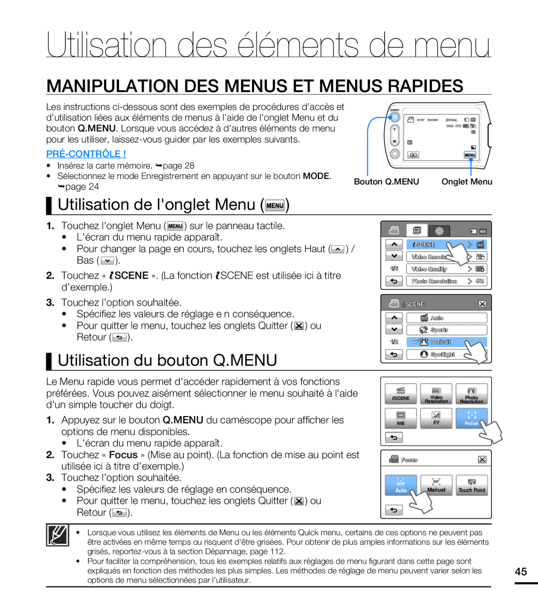 Samsung HMX-T10BP/EDC, HMX-T10WP/EDC manual Utilisation des éléments de menu, Manipulation Des Menus Et Menus Rapides 