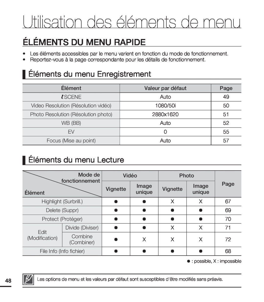 Samsung HMX-T10WP/XEU manual Éléments Du Menu Rapide, Utilisation des éléments de menu, Éléments du menu Enregistrement 