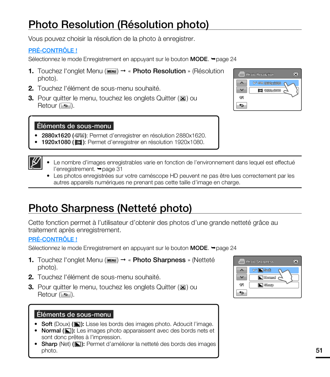 Samsung HMX-T10OP/EDC manual Photo Resolution Résolution photo, Photo Sharpness Netteté photo, Éléments de sous-menu 