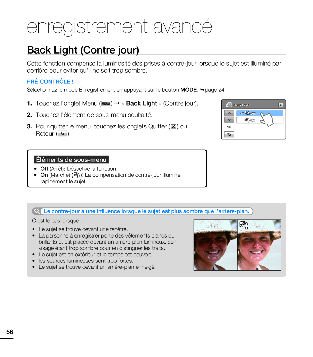 Samsung HMX-T10WP/XEU manual Back Light Contre jour, enregistrement avancé, Éléments de sous-menu, Pré-Contrôle, OFF Off 